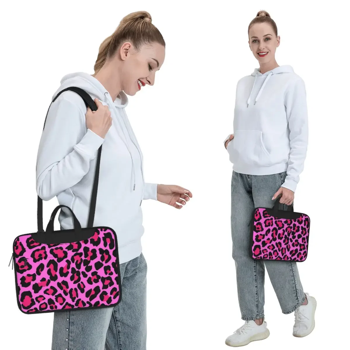 Hot Pink Leopard Print Crossbody Laptop Bag Case Computer Bag Resistant Protective Notebook Pouch for Macbook Pro Lenovo