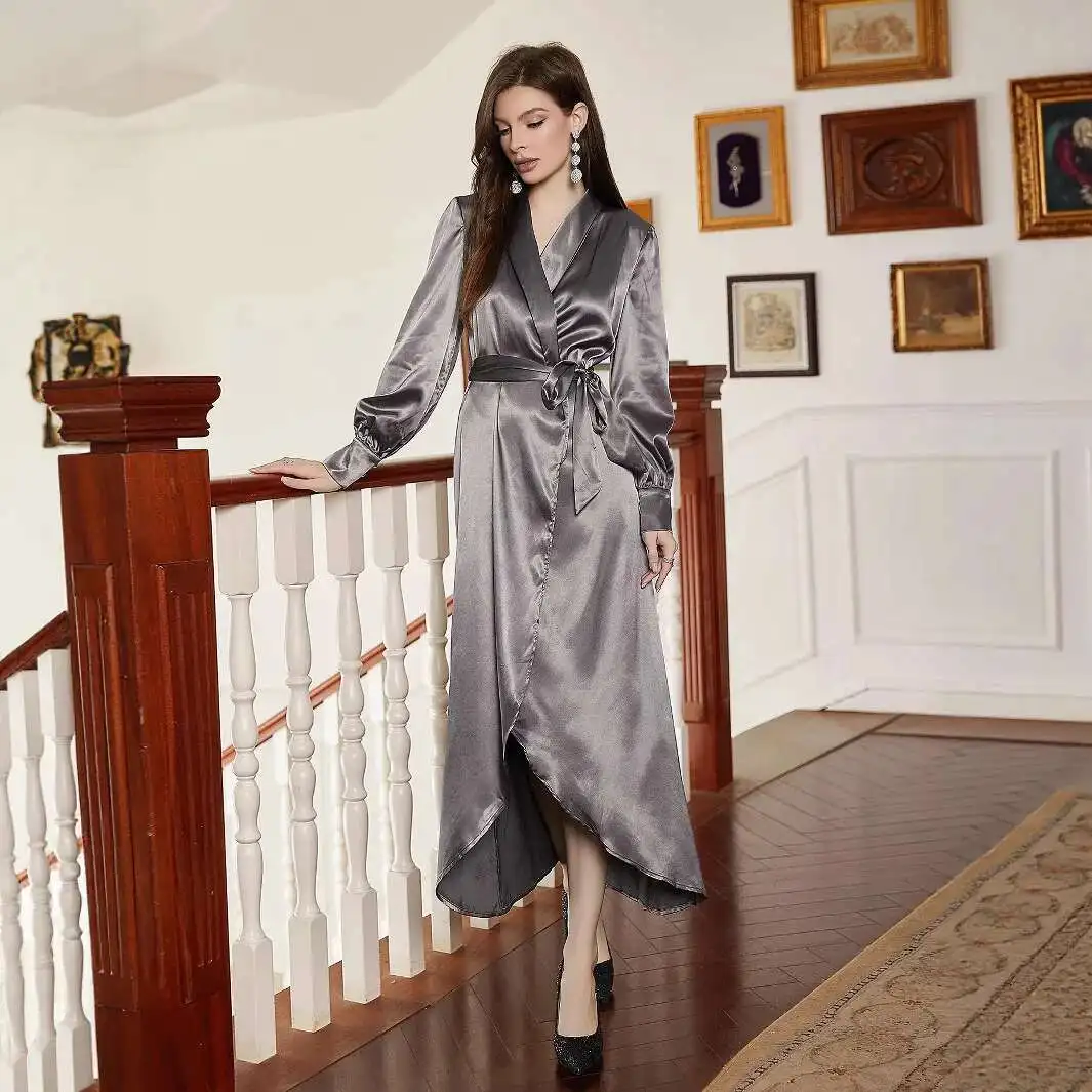 

Women's Spring New Style Thin Casual Comfortable Satin V-neck Long Home Clothes Long Sleeve Lace Summer Dress Robe Vestido Women