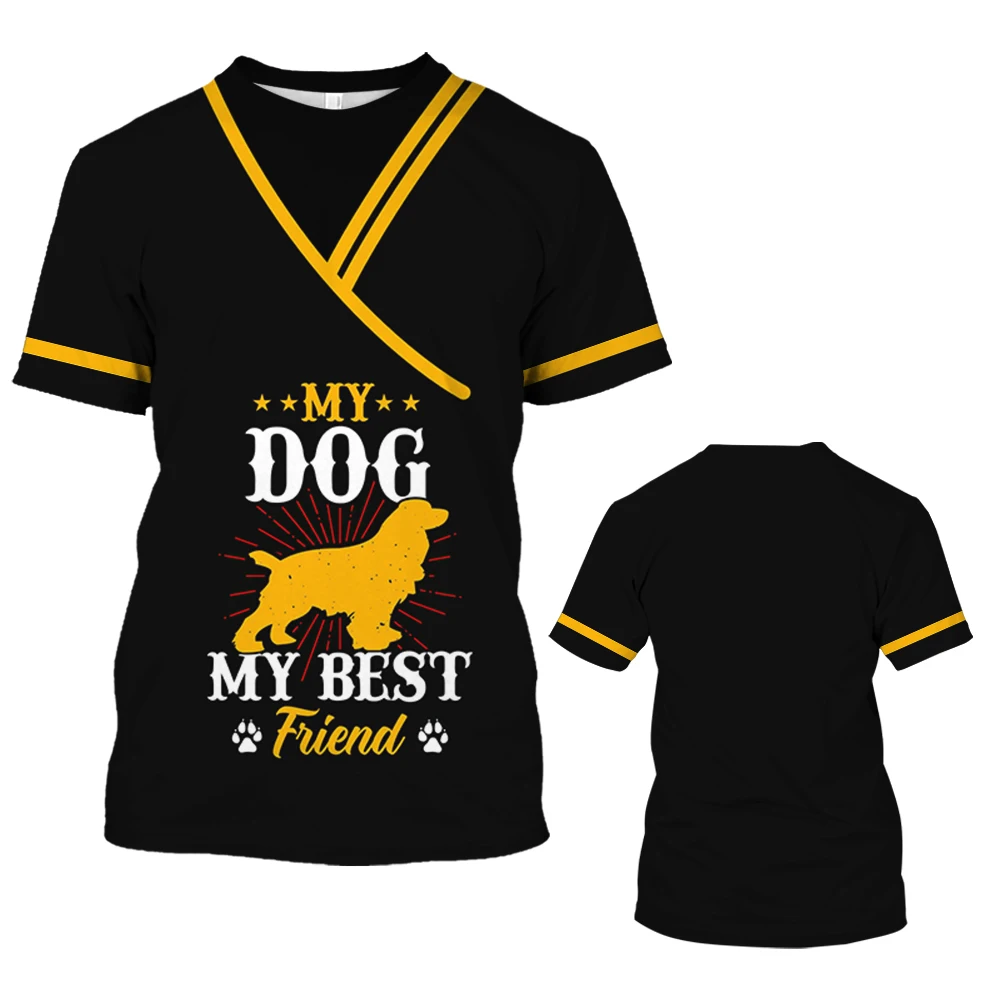 Camiseta de manga corta con cuello redondo para hombre y mujer, uniforme divertido de tienda de mascotas, estampado 3D de peluquero de animales,