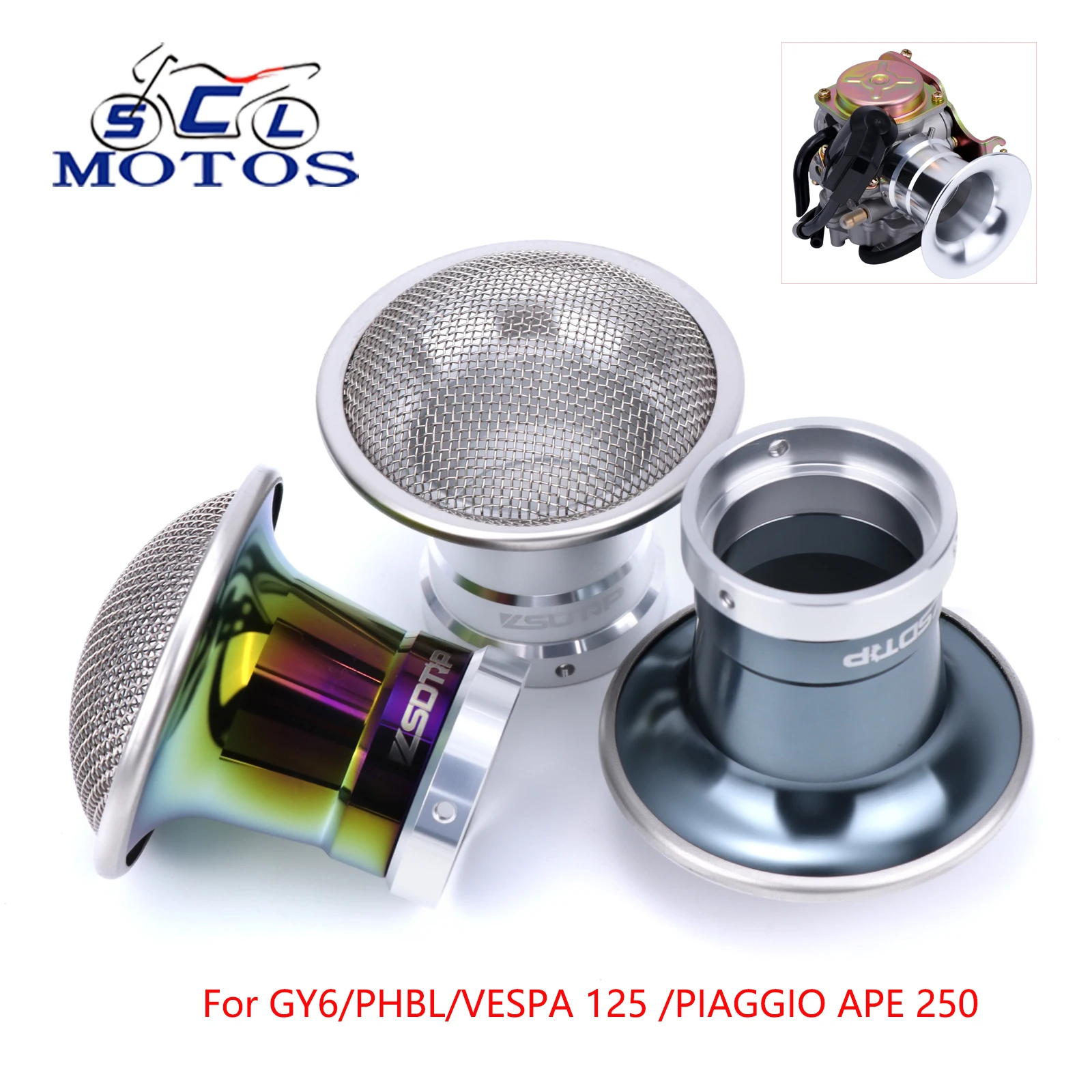 Sclmotos CNC Air Filter Cup For PHBL Carburetor Velocity Stack With Threaded Adapter Carburetor Trumpet For GY6 PHBL Vespa 125