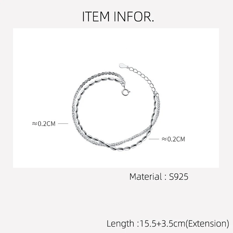La Monada 15.5+3.5cm Simple Bracelets For Women Silver 925 Two Layer Bean Sterling 925 Silver Women's Bracelet Beautiful Shine
