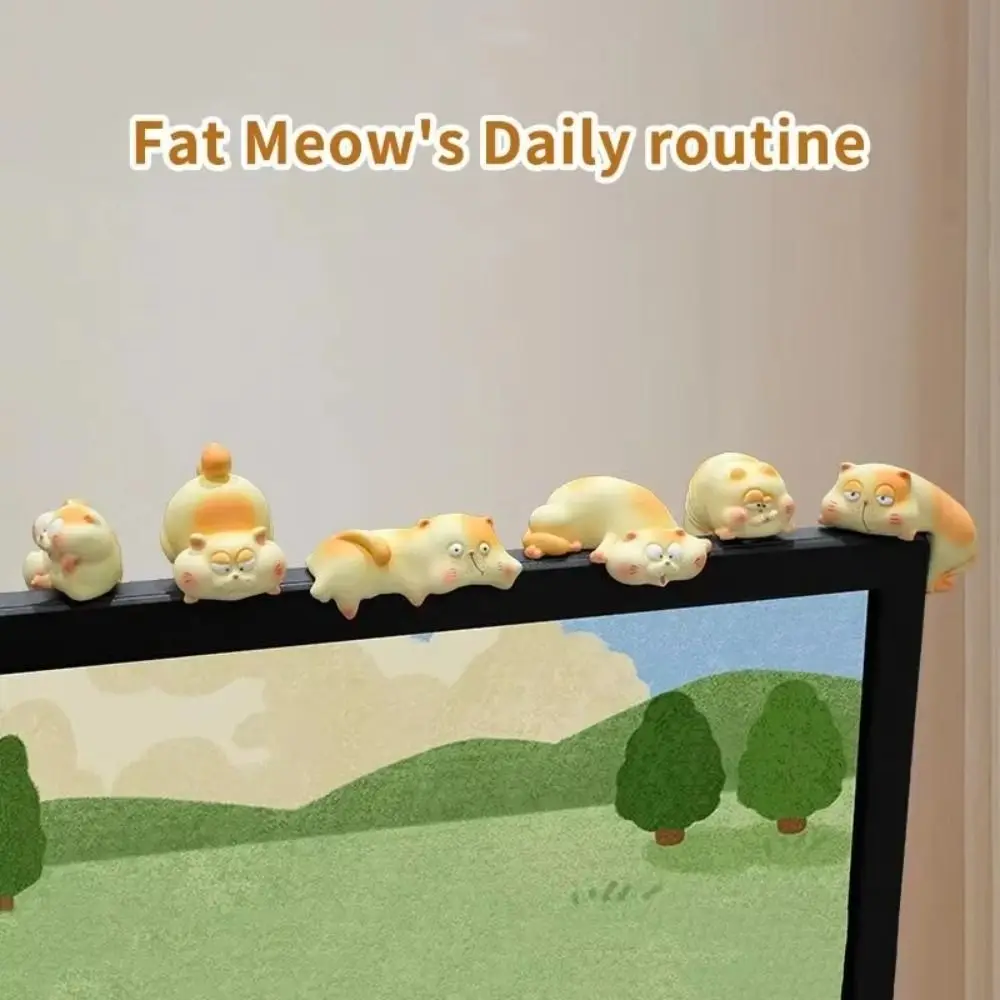 Cartoon Design Cat Monitor Ornament Home Decoration Office Desk Chubby Cat Figure Resin Cute Mini Cat Figurines Micro Landscape