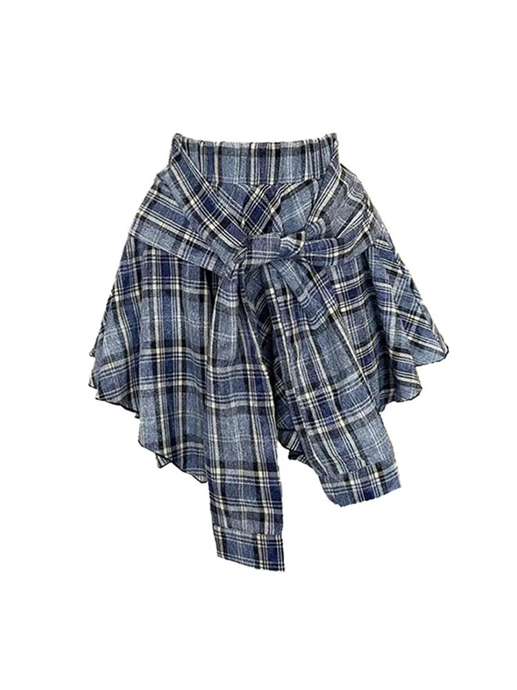 

Fake Two Pieces Plaid All-match A-line Skirt Summer 2024 Women High Street Fashion Asymmetrical Skirt Vintage Sexy Streetwear