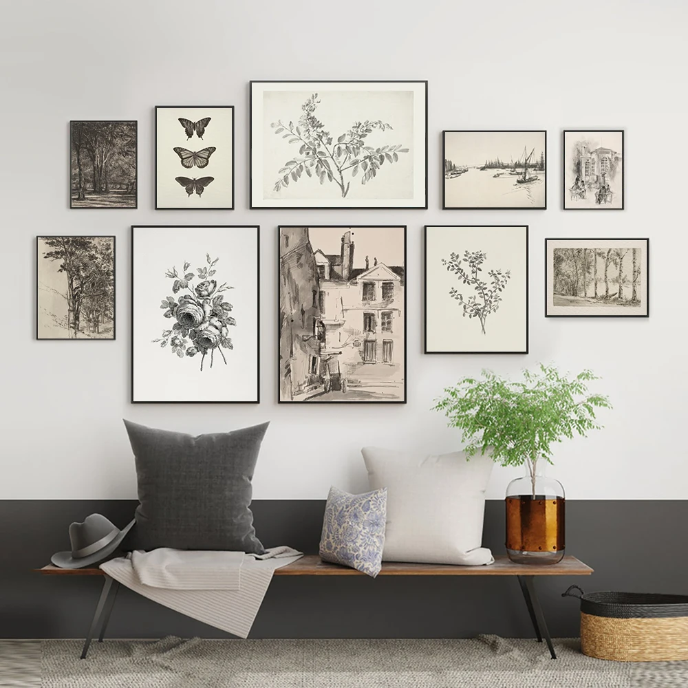 1PC  Vintage Botanical Drawing Painting Poster Neutral Floral Sketch Art Prints Rustic Scenery Wall Pictures Farmhouse Wall D