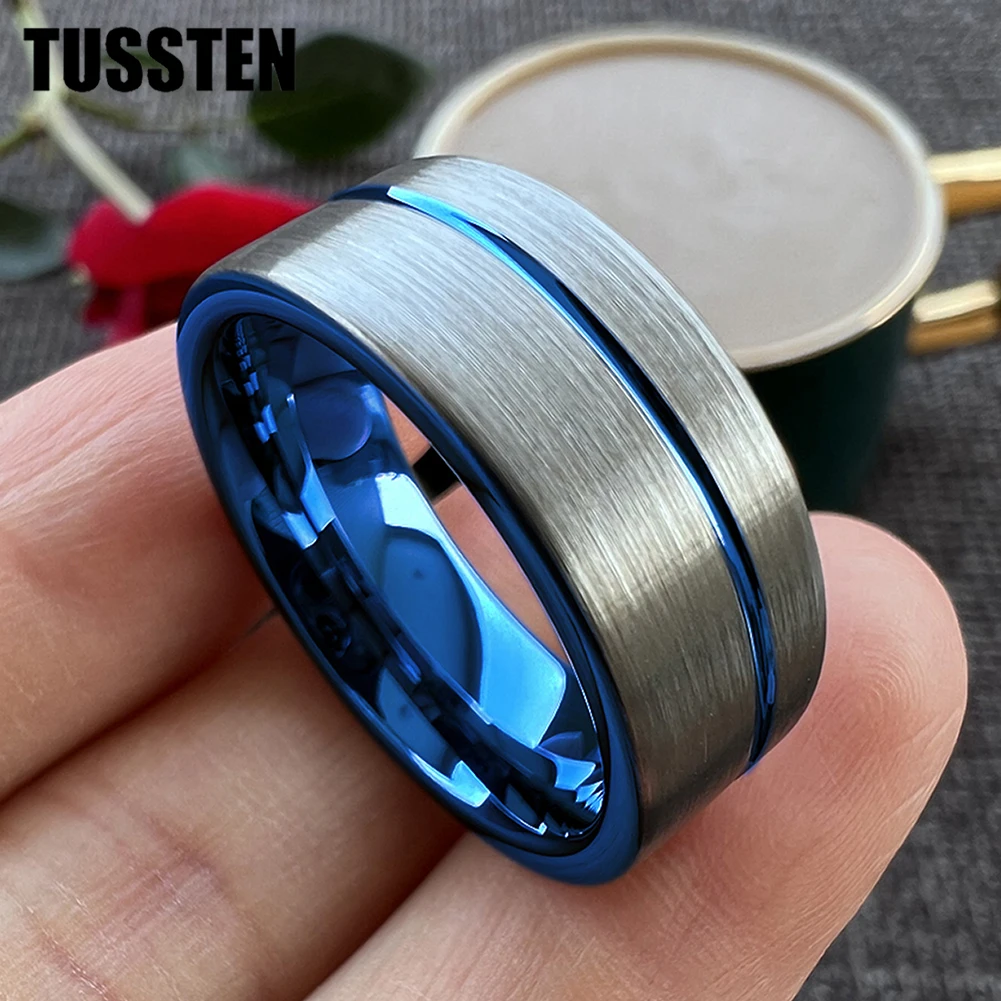 

TUSSTEN 8MM Men Women Tungsten Wedding Band Rose/Blue/Gold Color Offset Groove Brush Finish Comfort Fit