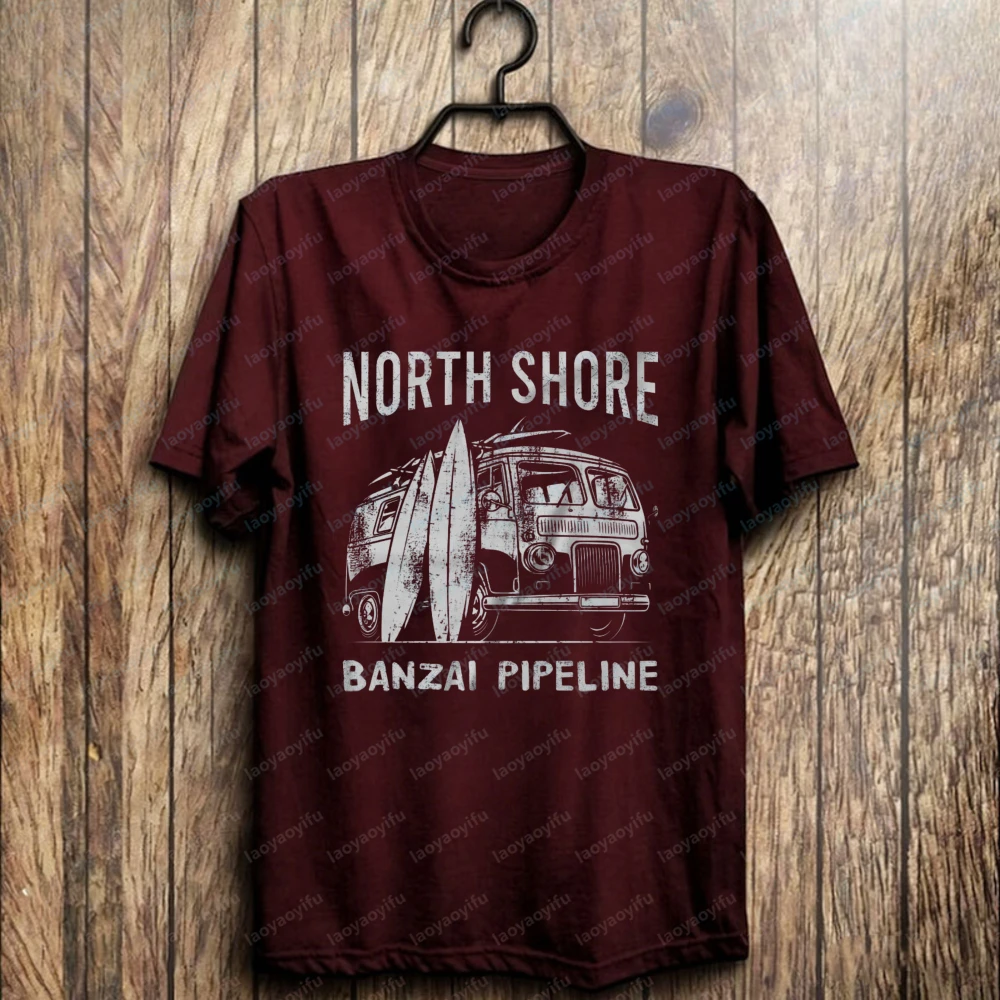 North Shore Oahu Hawaii Banzai Pipeline Surfing Short-Sleeve T-Shirt Casual Retro Style Summer Holiday Men's Short-sleeve Tees