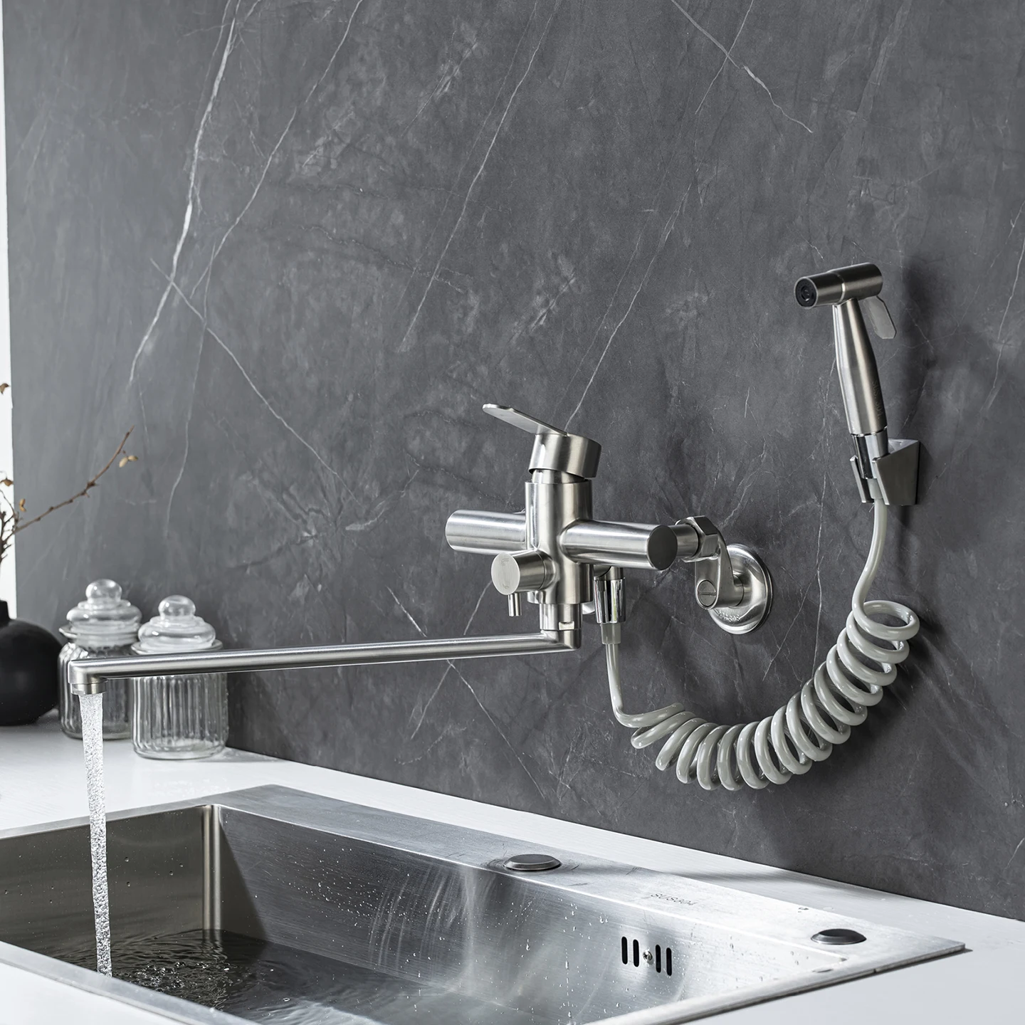 Wall Mounted Dual Hole Faucet with Handheld Spray Chrome Single Handle Vegetable Basin Faucet Hot and Cold Mixing Faucet