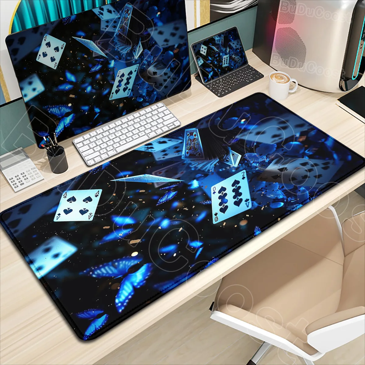 

HD Printing Blue Butterflies and Poker Gaming Mousepad XXL Computer Keyboard Pad Mouse Mat Table Mats Anti-Slip Office Mouse Pad