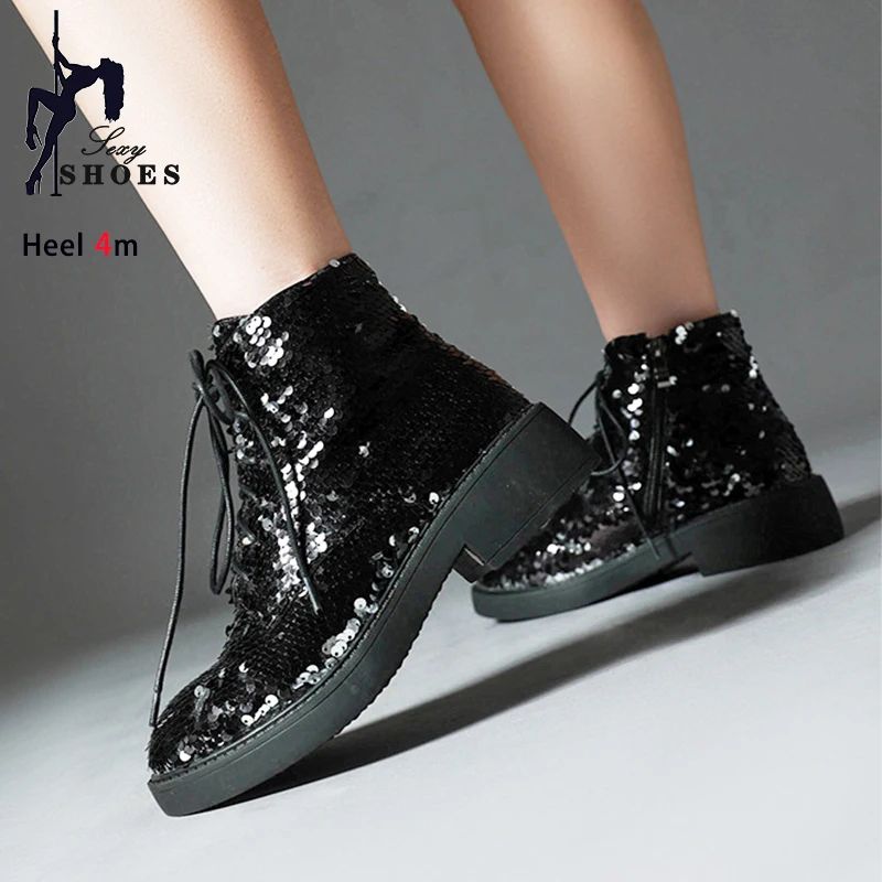 Ankle Boots For Women Autumn Winter Lace-up Side Zipper Casual Sequin Shoes Thick Sole Dance Boots Women Black High Top Shoes