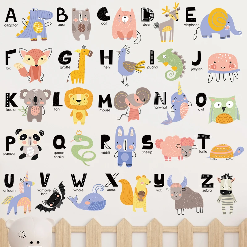 Learning English Letters With Cute Animals Wall Stickers For Kids Room Decoration Alphabet Mural Art Home Decals Nursery Poster