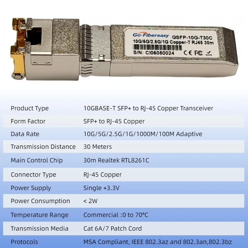 10G SFP+ to RJ45, SFP +-T, 10GBase-T, 30M, 10Gb Copper SFP for Mikrotik, Dell, TP-Link, Zyxel/HORACO/Unifi Switch Copper Module