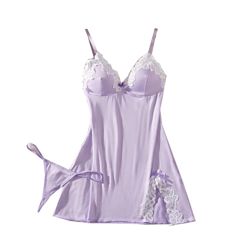 

Light Purple Deep V Women Nightdress Sexy Lace Bow Lingerie Adult Wedding Pajamas Underwear Set Erotic Dress Babydoll Clothing
