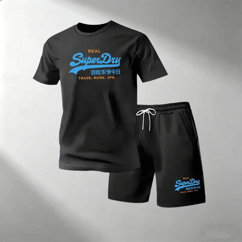 Men Summer Street Fitness Tracksuit 2 Piece Outfit, Round Neck T-shirt Shorts Quick Dry Breathable Running Jogger Set