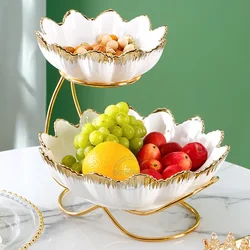 Elegant 2 Tiered Serving Stand with Floral Porcelain Bowls for Party Festival Tableware Thicker Metal Rack Serving Platter