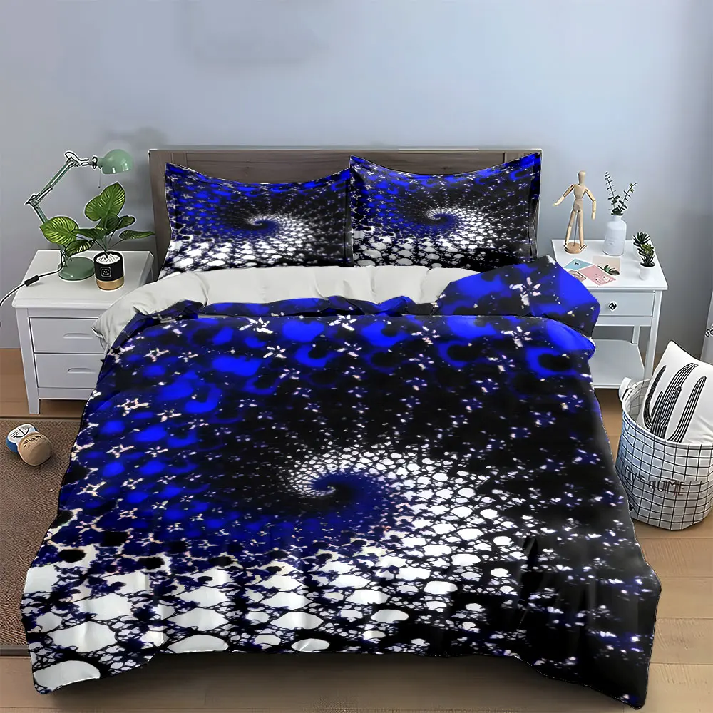 Dark Blue Spiral Fractal Mandala Duvet Cover Set, Lace Geometric Abstract Bedding Includes 1 Duvet Cover And 2 Pillowcase,Gift