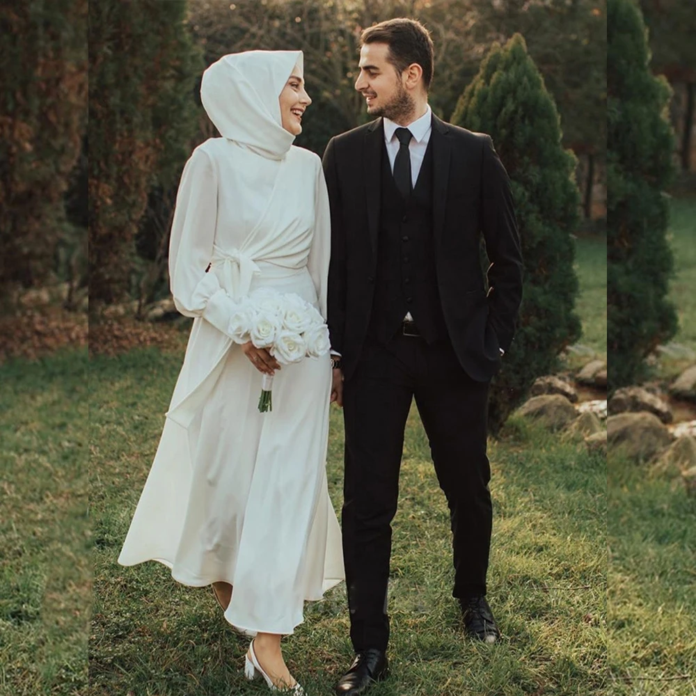 

Simple Muslim Weding Dresses Hijab Long Sleeve Ankle Dress Pleat A-Line Garden Beach Bridal Gowns Customized Vestidos De Novia