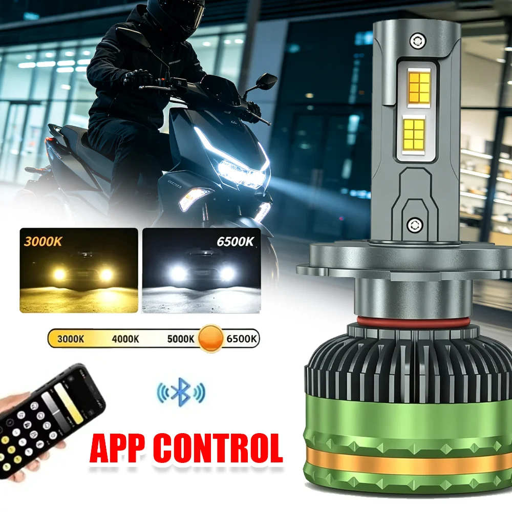 H4 Bluetooth APP Control LED Headlights Tri Color Motorcycle Turn Signal Lights Auto Fog Lamps Light Bulb for Moto Accessories