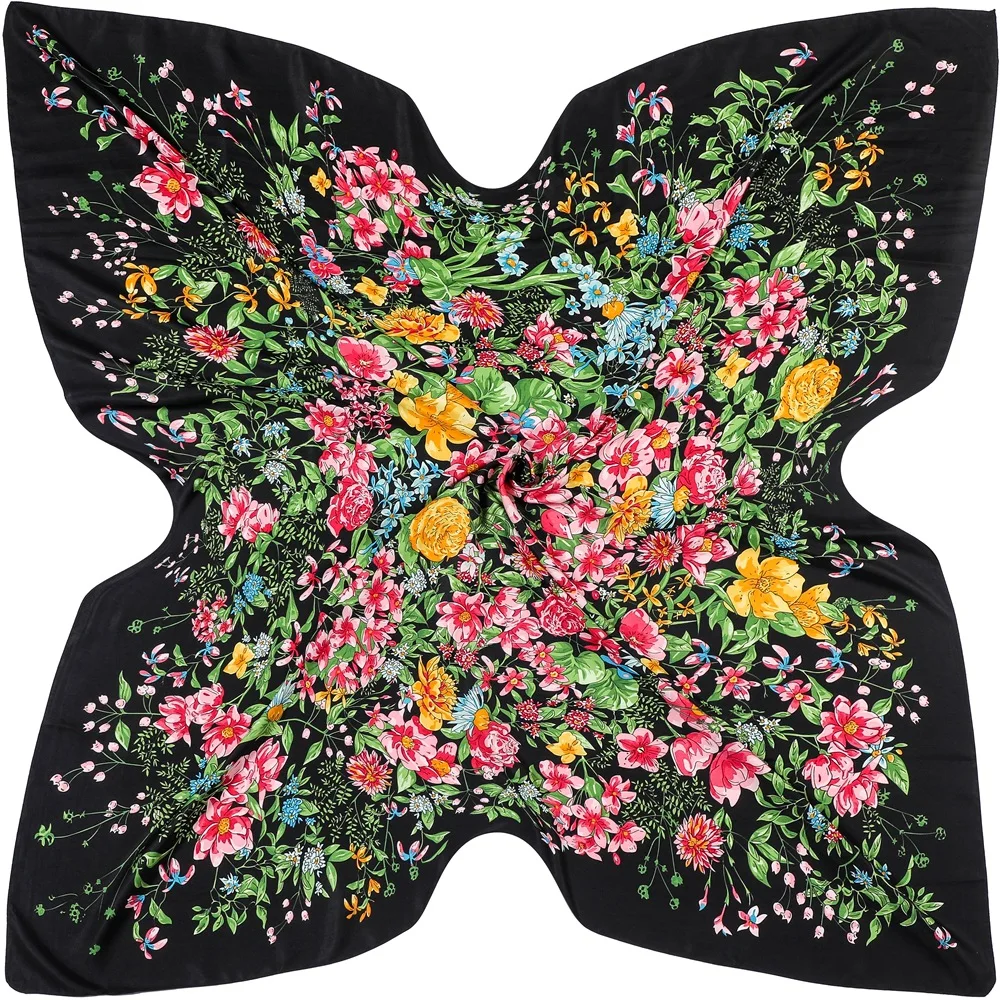 2024 Silk Scarf Women Large Shawls Flowers Printed Stoles Square Bandana Luxury Kerchief Hijabs Female Eลarp Foulards 130CM