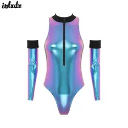 Womens Astronaut Cosplay Outfit Ballet Costume Shiny Patent Leather Bodysuit Zipper Mock Neck Catsuit Clubwear with Oversleeve