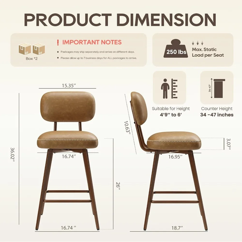 Swivel Bar Stools Set of 6, Mid Century Counter Height Chairs, Low Back, Metal Legs, Modern for Kitchen Island, Brown