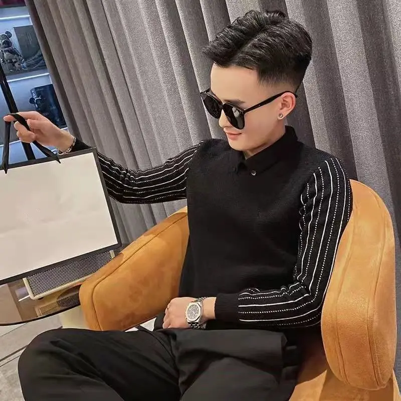 New Men's Fake Two-Piece Polo Collar Sweater Striped Long Sleeve Knit Base Layer Fall Winter