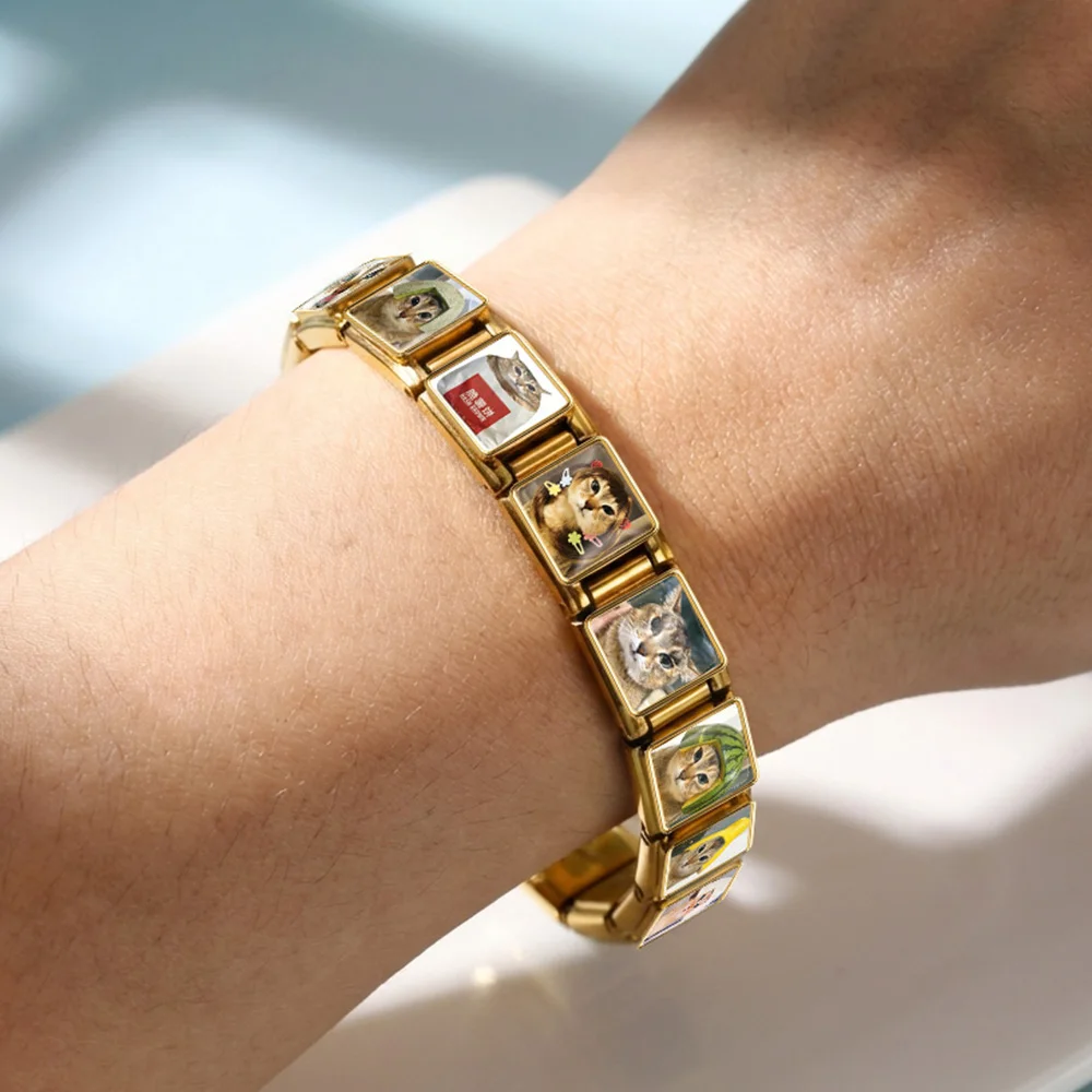 GEMOSA Trendiges, niedliches Mei Mei Katzen-Armband mit quadratischen Anhängern, passend für 9mm italienische Glieder, DIY Edelstahl-Schmuckherstellung, Originaldesign – Detail 4