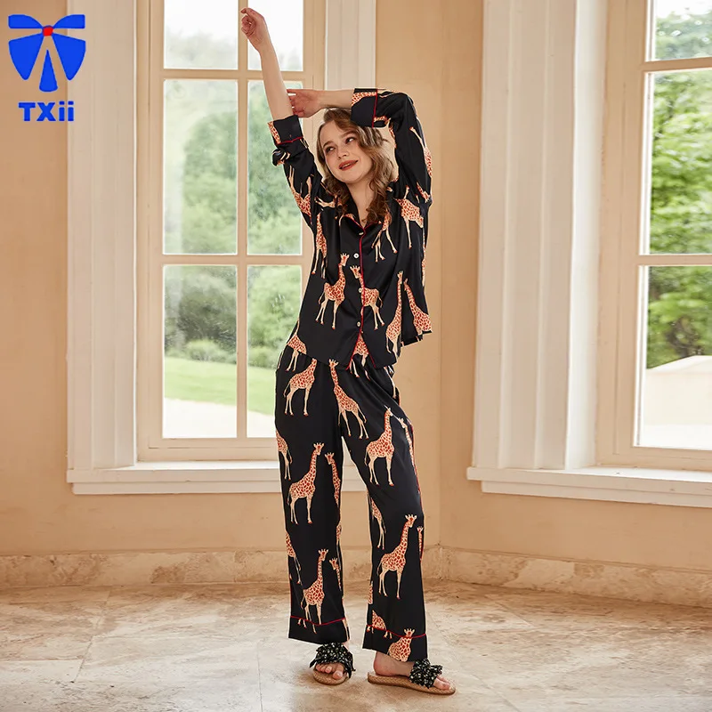 【Black Giraffe 】comfortable Ice Silk Pajamas Women High-end Sense ins Style Lapel Spring/Summer Long Sleeve Home Suit 17