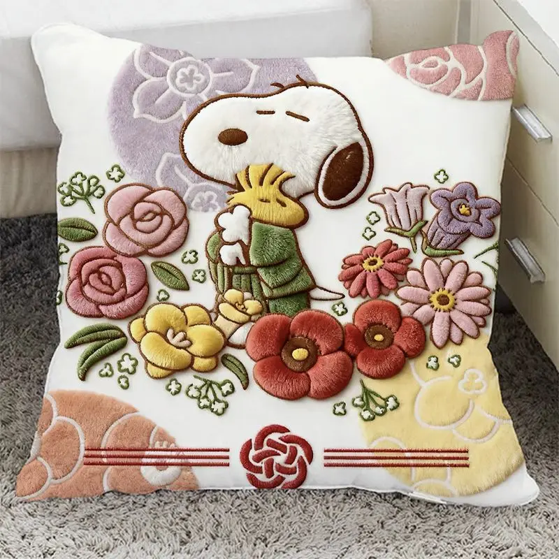 Cute Snoopys Floral Print Throw Pillow Kawaii Cartoon Cushion with Insert Soft Decorative Pillow for Sofa Bedroom Home Decoratio