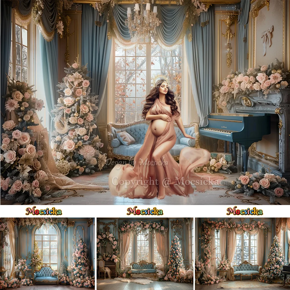 Fondo de fotografía de habitación de flores clásicas para mujeres de maternidad, cortina de ventana de árbol de Navidad rosa, telón de sofá, fotos artísticas