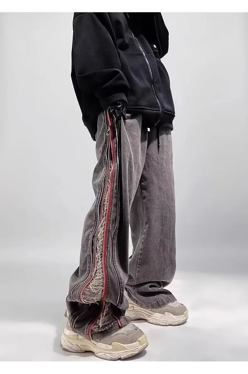 LIBIELIY أربعة مواسم الرجال فضفاض وهمية سستة مخطط رمادي الجينز المظلة السراويل شارع العليا التجفيف السريع العصرية واسعة الساق Dnim P