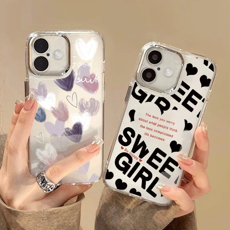 For iPhone 15 Pro Max Case Plating Lens Frame Sweet Girl Love Hearts Clear Soft Silicone Cover For iPhone 11 12 13 14 16 Pro Max