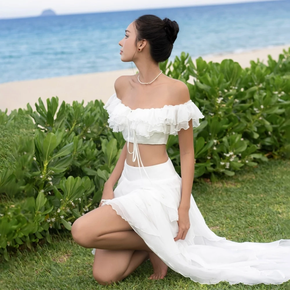 

SylCue Sexy 2 Piece Sets Women Slash Neck Wrapped Chest Backless Tube Tops+Irregular Stacked Skirts Vacation Beach Style Outfits