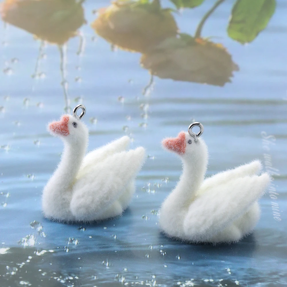 20pcs 3D Flocking Resin Swan Charms Cute Cartoon Animal Pendant for Necklace Keychain Earrings DIY Making Jewelry Accessories