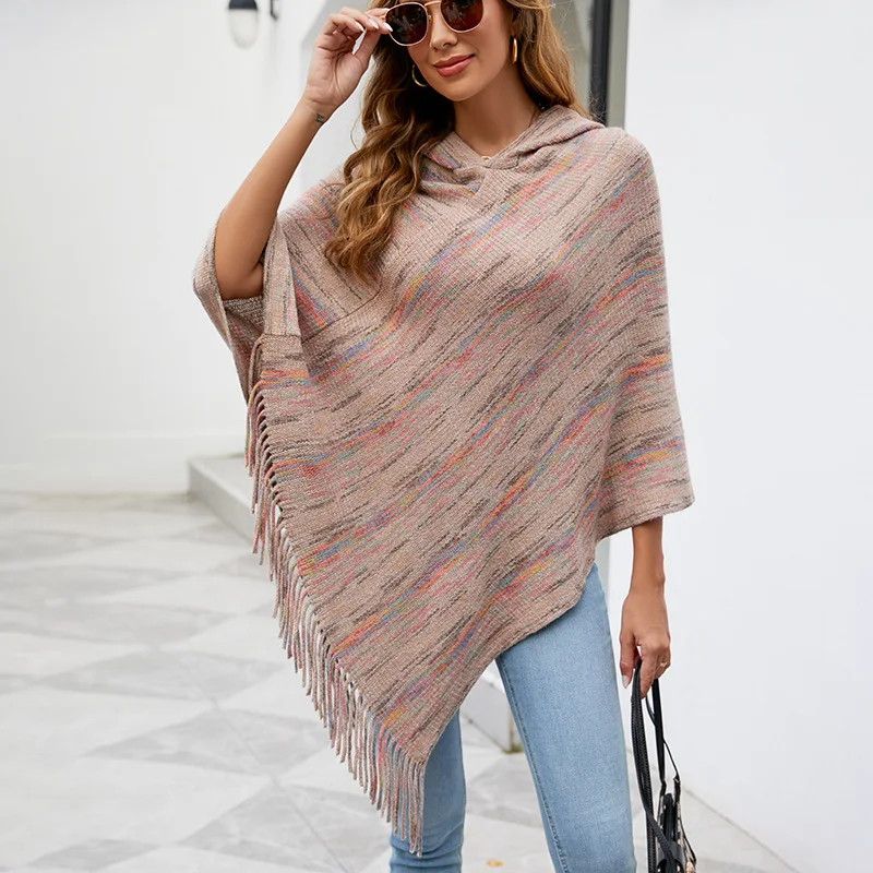 Foreign trade hooded striped fringed cloak shawl women's 2023 autumn and winter new women's outer scarf