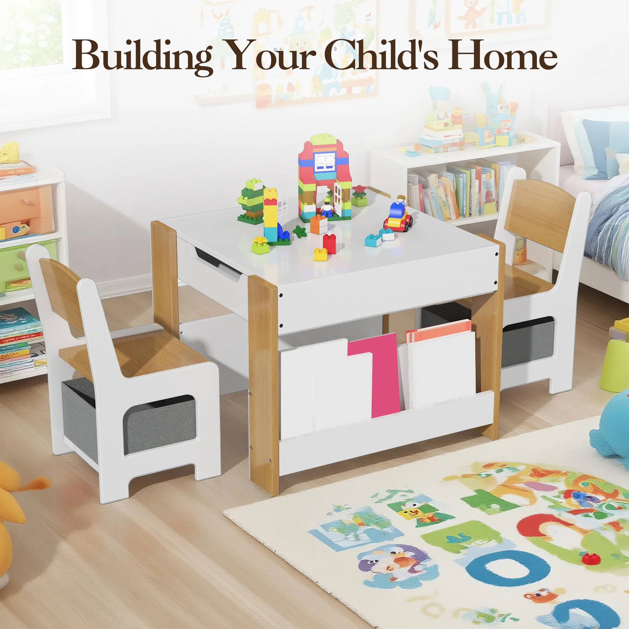 4-in-1 Non-Toxic Kids Wooden Activity Table and Chair Set - Multi-Functional Desk with Detachable Tabletop, Storage Drawer - Ideal for Reading, Art, Nursery, Playroom
