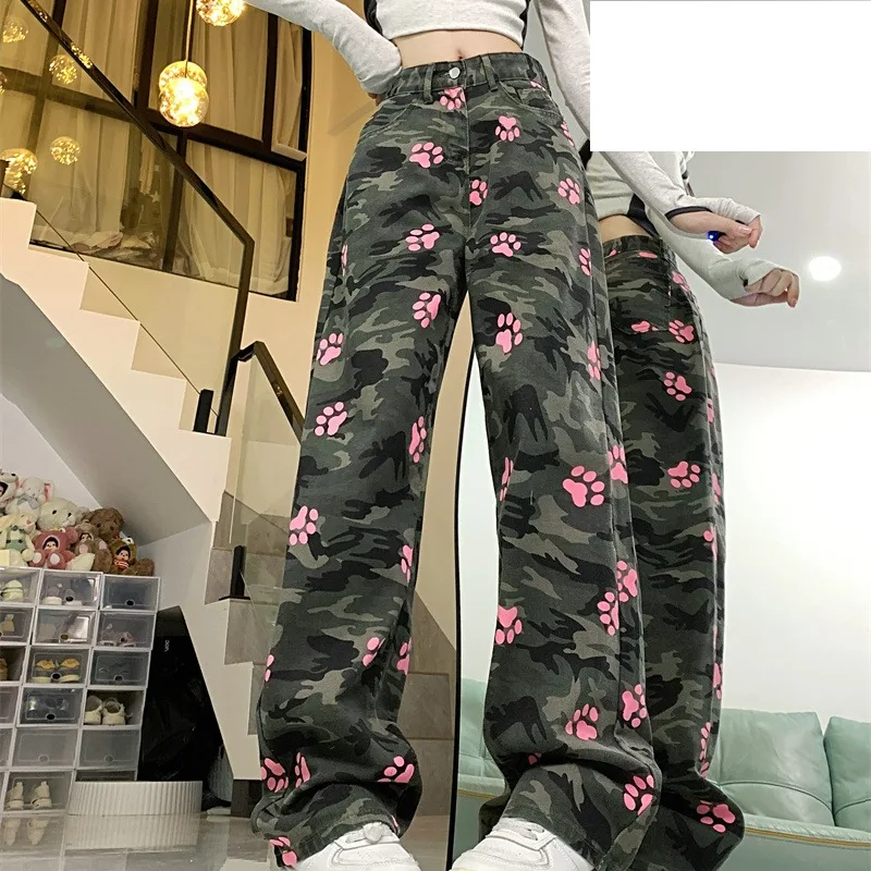 

Spring Autumn Women's Button Zipper Pockets Camouflage Geometric Cartoon Print Straight Leg Casual Sports Fashion Trousers Pants