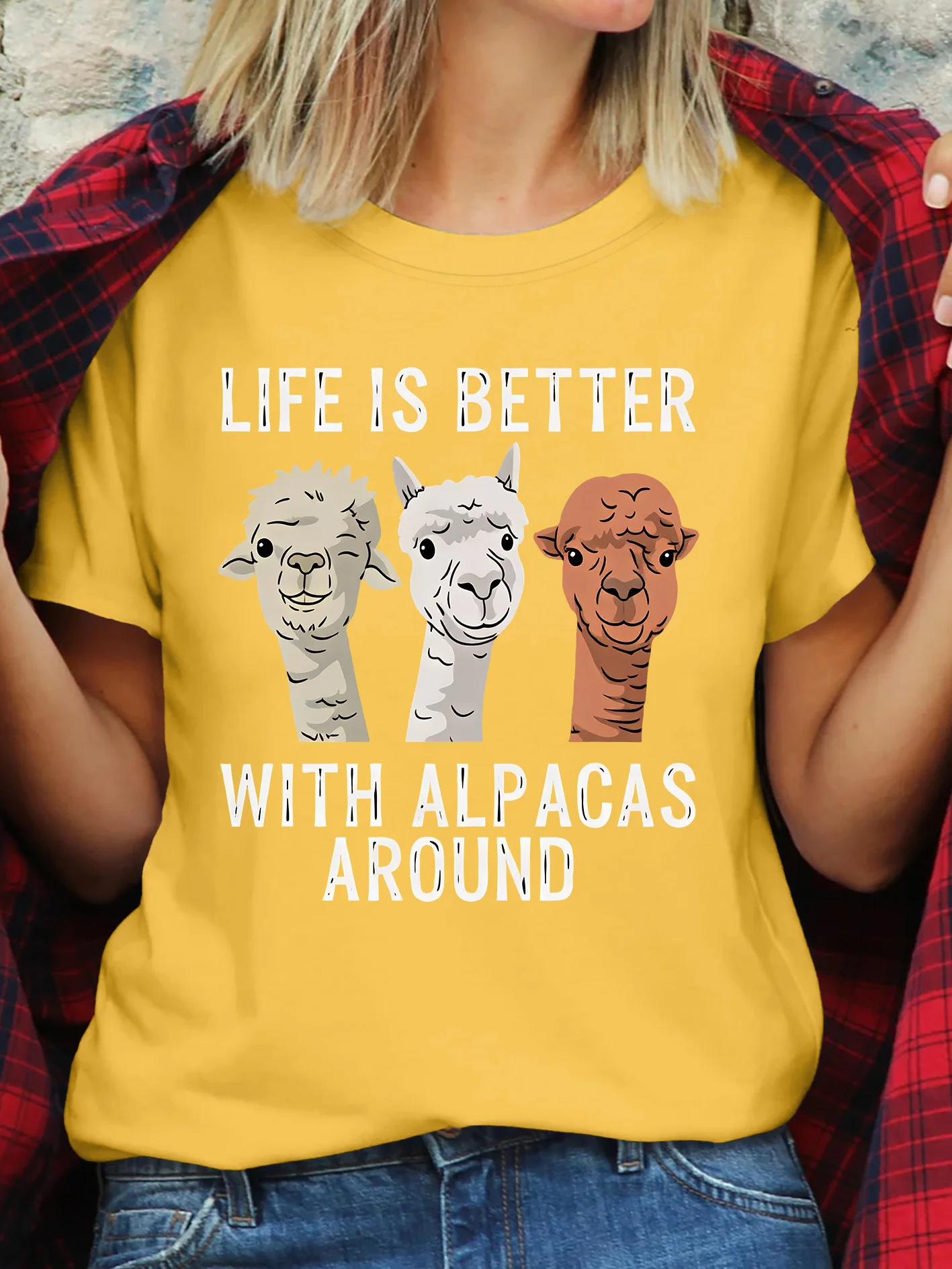 Women's Short Sleeved T-shirt LIFE IS BETTER WITH ALPACAS Printed Round Neck Casual Fashion Women's Daily Top