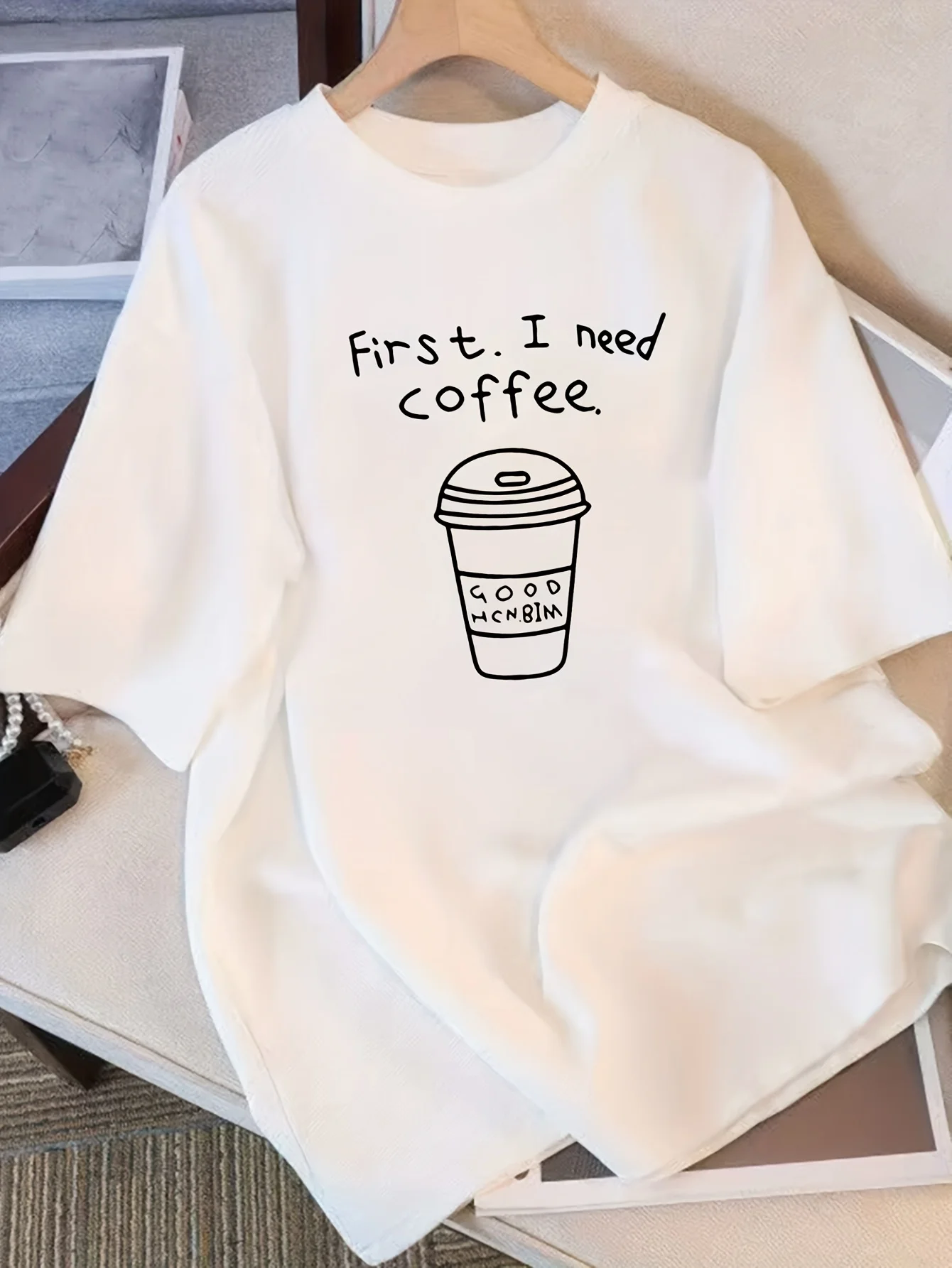 Humorous Coffee Themed Typography Men Women Oversized 100% Cotton T-shirt Casual Hand Drawn Coffee Cup Pattern Short Sleeve Dail