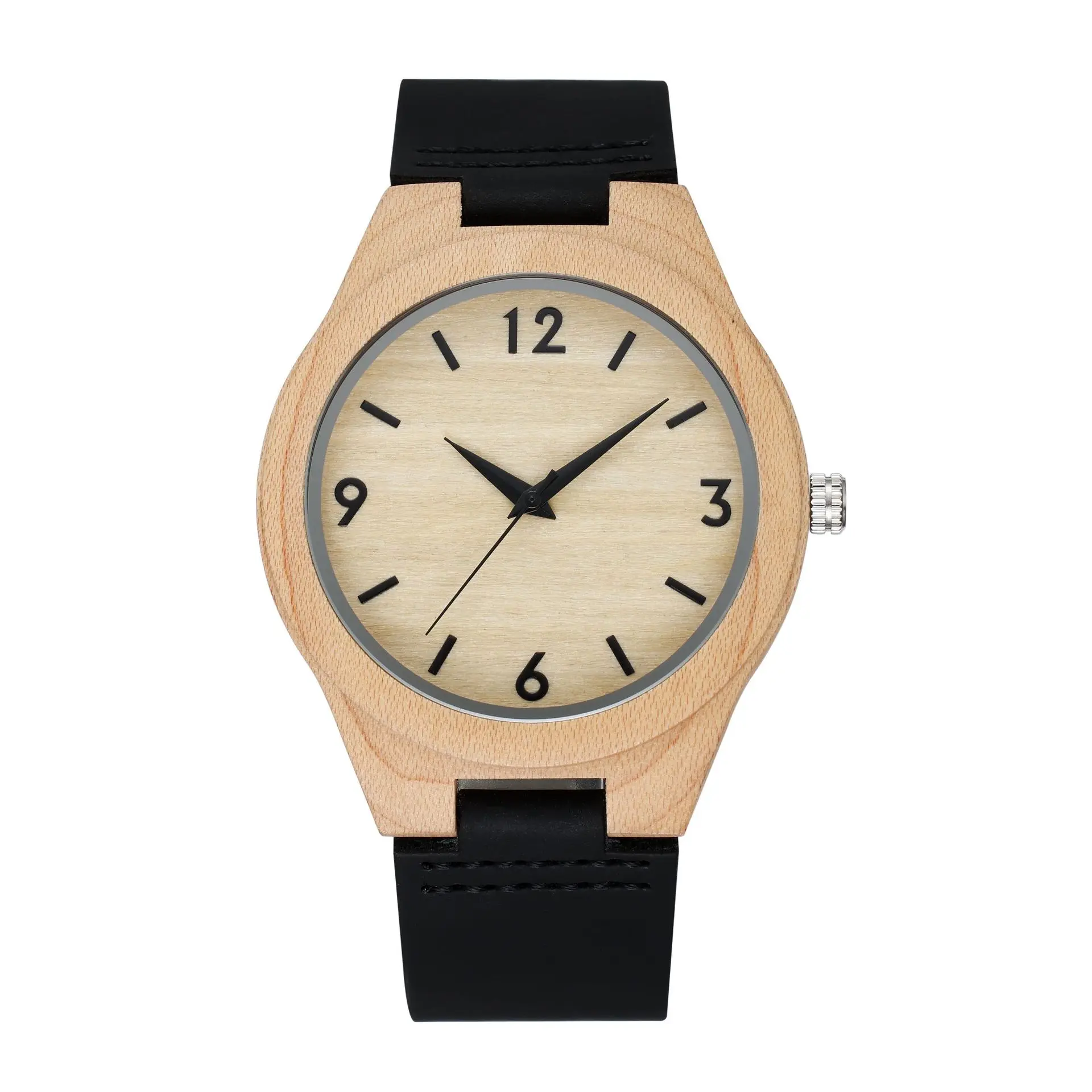 Natural Maple Wood Round Men Quartz Wristwatch Solid Wood Case Genuine Leather Pin Strap Casual Stylish Male Wooden Watch