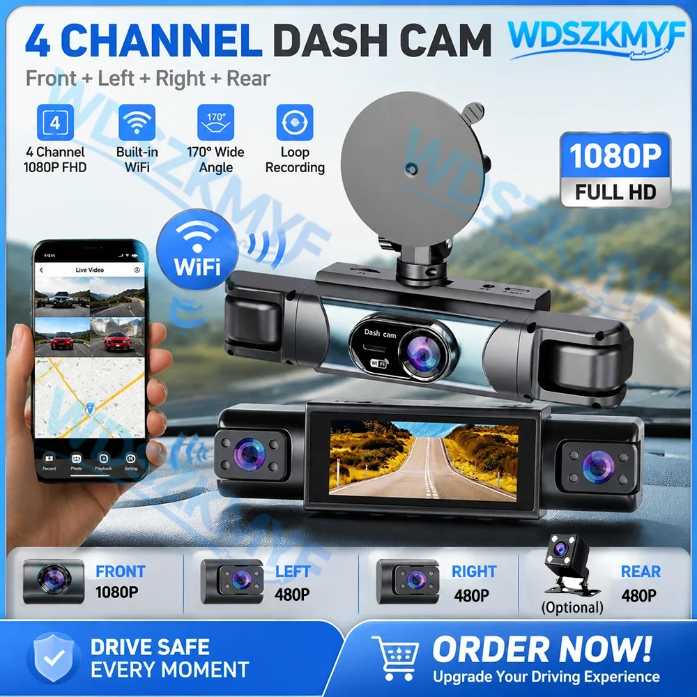 New 4Ch WiFi Dashcam 360° Car Camera Driving DVR FHD 1080P Front Left Right Rear Night Vision 24H Hardwire kit Black Box