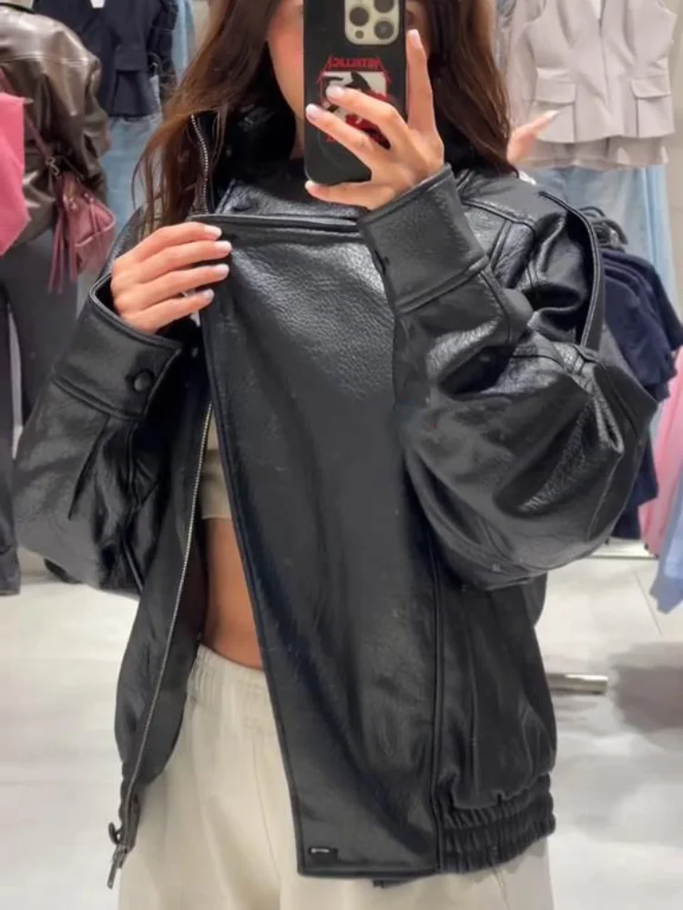 الشارع الأسود بولي Women سترات من الجلد فضفاضة الوقوف طوق كم كامل زر جيب سترة الإناث 2025 الخريف سيدة الشارع الشهير #1