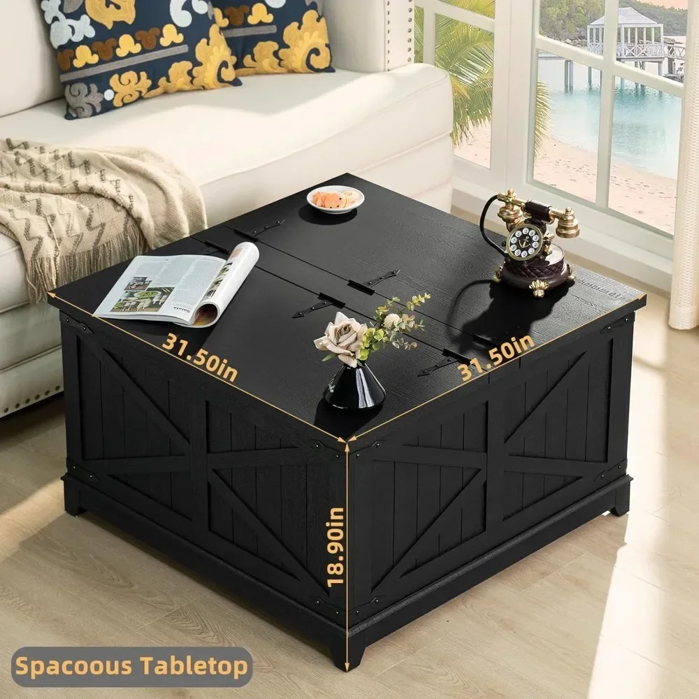 Coffee Table Farmhouse  with Hidden Storage Organizer, Black Square Large Center Table, House Low Modern Living Room Tables