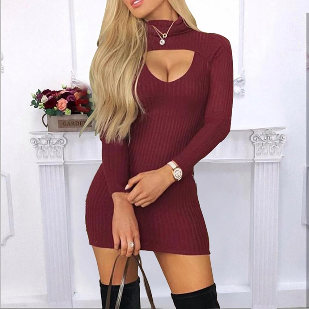 

European and American Summer New Sexy Women's Wear Red High Collar Long Sleeve Hollowed-Out Tight Short Dress