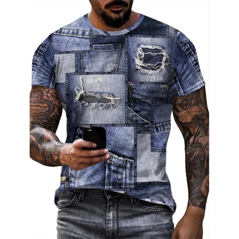 Vintage Patchwork Denim Graphic T-shirts Summer Fashion Short Sleeve Trend Streetwear 3D Printed T Shirts Casual Loose Mens Tees