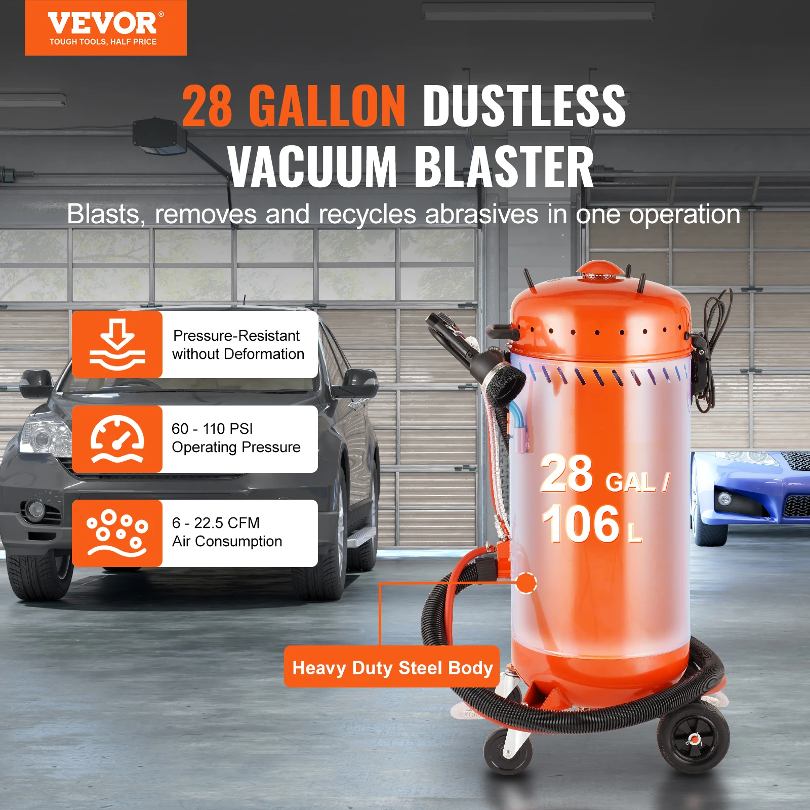 VEVOR 28 Gallon Vacuum Sand Blaster Dustless with Built-in 1200W Vacuum System for Dust Control and Abrasive Recycle 60-110 PSI