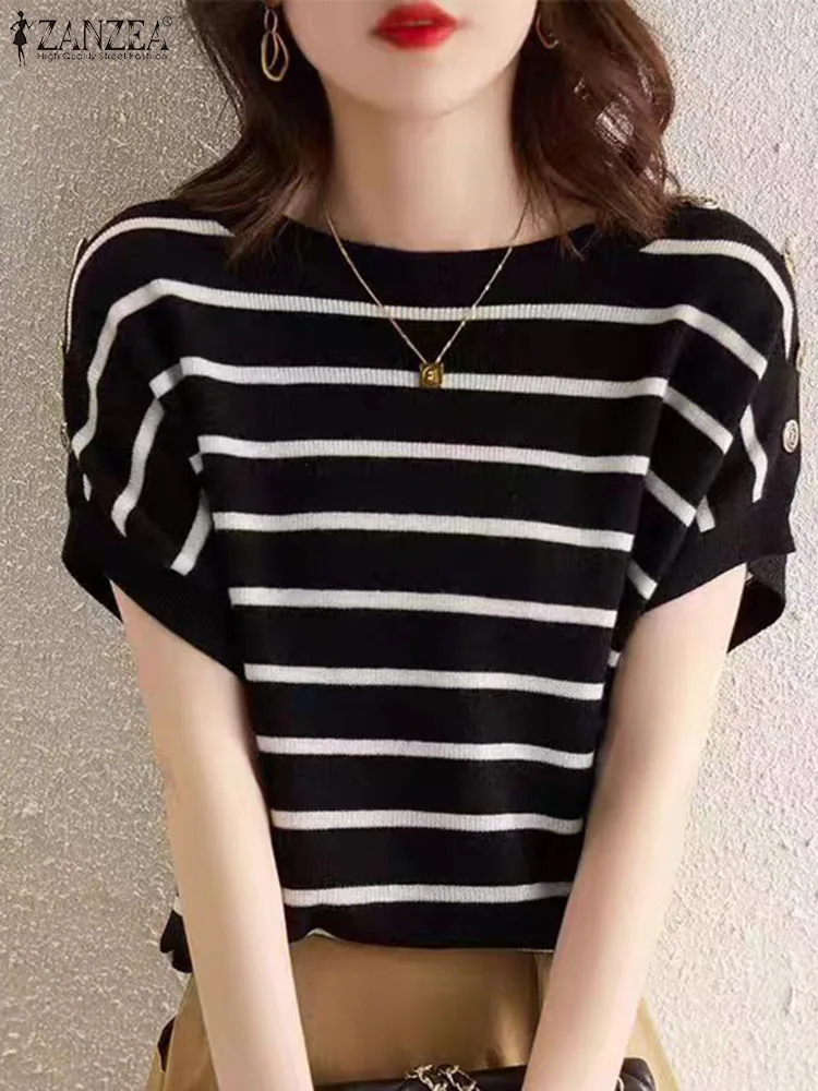 ZANZEA Casual Loose Tops Oversized Women Striped T Shirt 2024 Summer Korean Drop Shoulder Sleeve Tees Vintage Round Neck Tunics