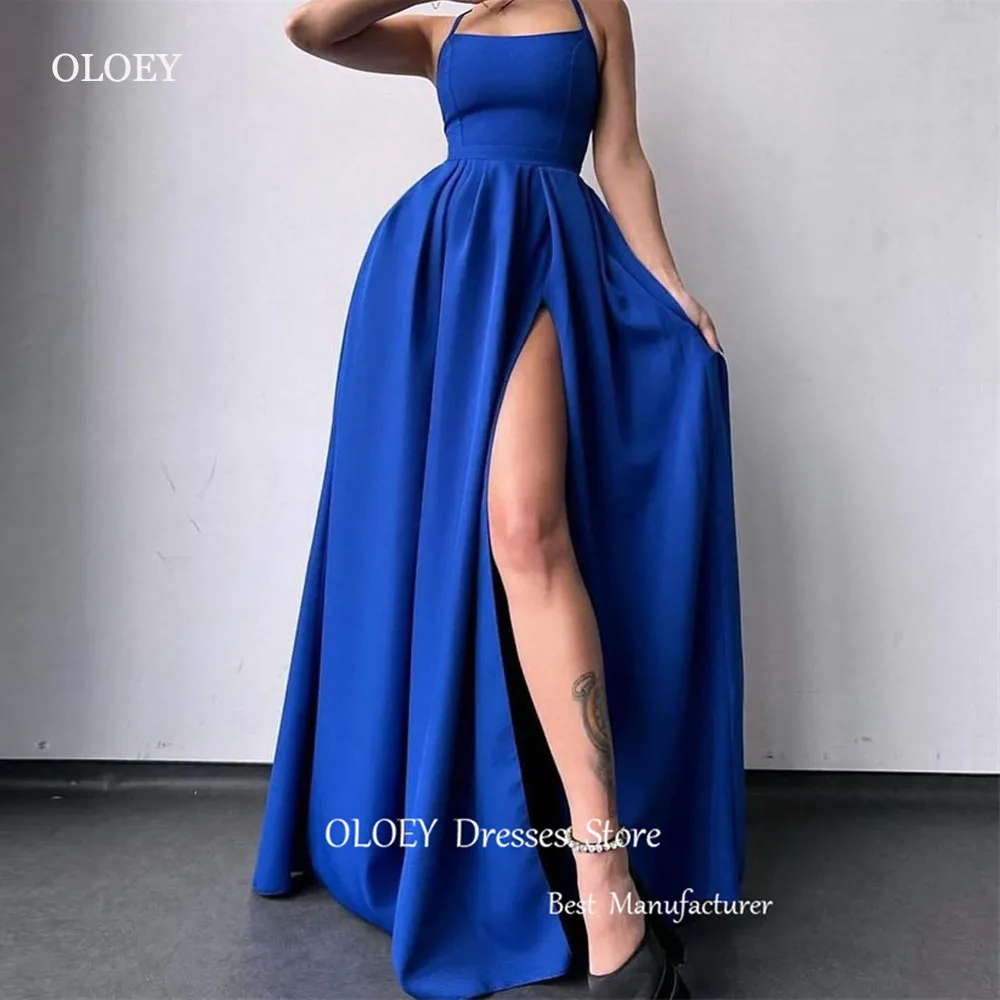 OLOEY Simple Blue Evening Dresses Women Spaghetti Straps Split Matte Satin Prom Gowns Formal Party Occasion Dress Plus Size