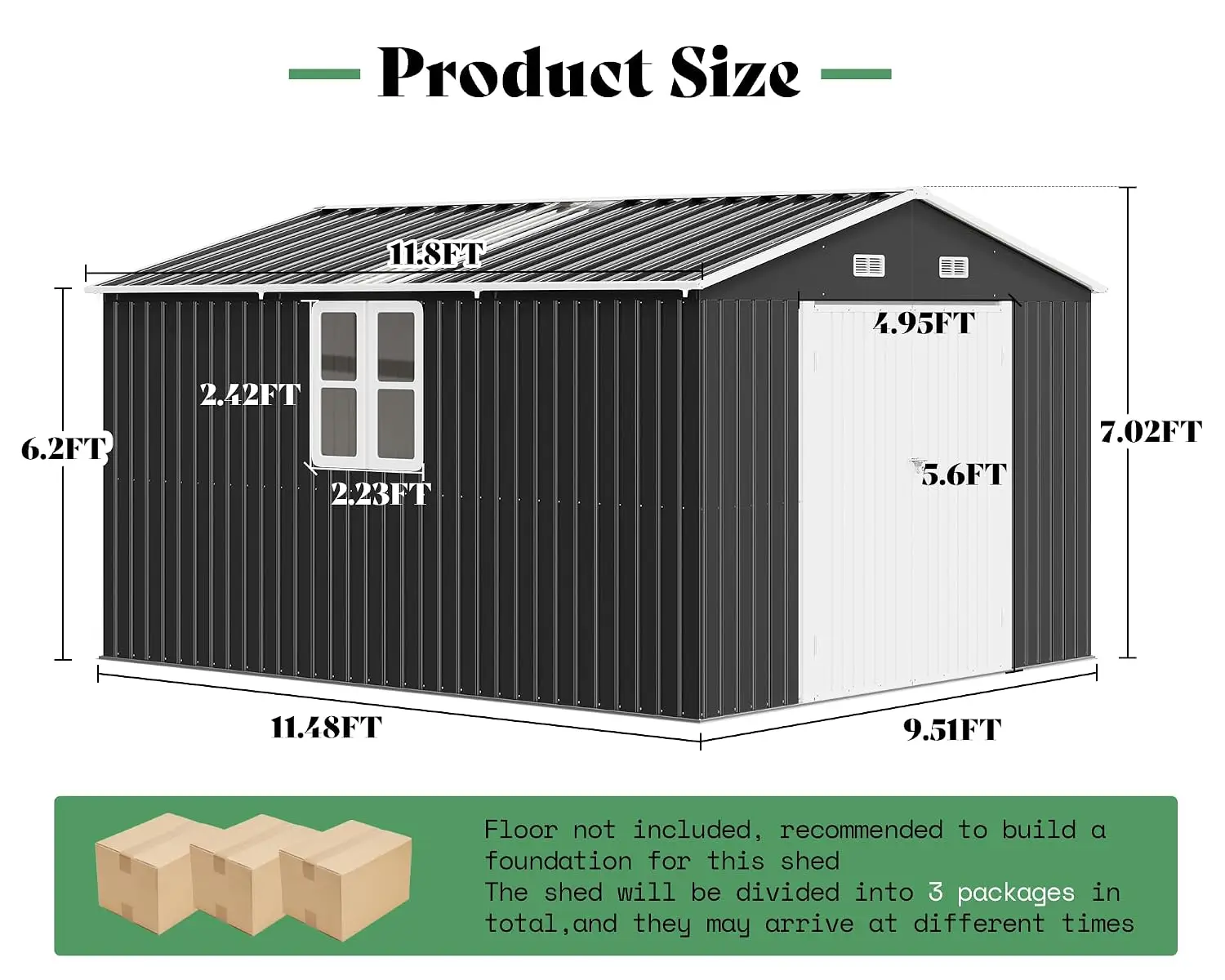 10x12x7 FT Outdoor Storage Shed with 2 Transparent Panels, Customized