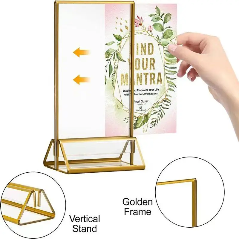 1Pc 4X6 Inch Transparent Acrylic Tabletop Display Stand Sign Card Holder With Golden Frame Menu Paper Stands