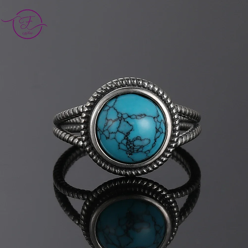 

Vintage Silver Rings with 10MM Round Natural Turquoise Women's Wedding Party Anniversary Fine Jewelry Ring Wholesale